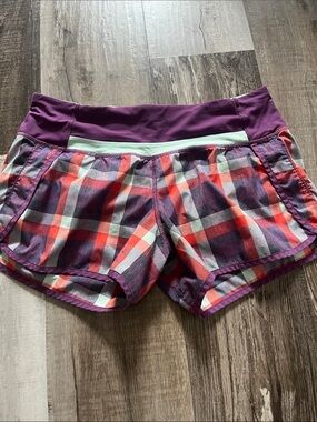 Women’s Plaid Athletic Shorts with Purple Waistband